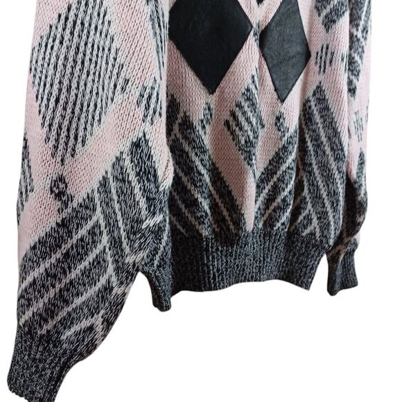 Vtg Alvin Josef Y2K 90s Womens Argyle Leather Patch Knit Sweater Pink Grey Sz XL - Picture 4 of 8